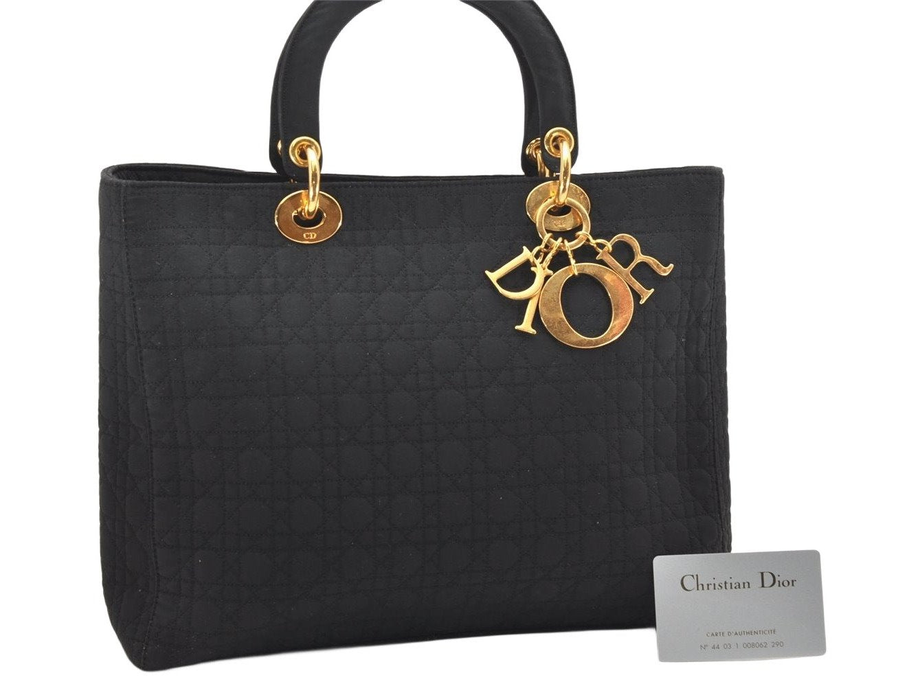 Authentic Christian Dior Lady Dior Cannage Nylon Hand Bag Black CD Junk 4702K