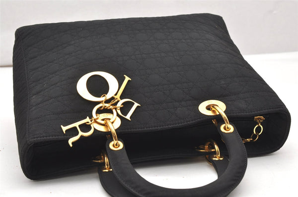 Authentic Christian Dior Lady Dior Cannage Nylon Hand Bag Black CD Junk 4702K