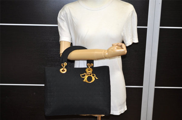 Authentic Christian Dior Lady Dior Cannage Nylon Hand Bag Black CD Junk 4702K