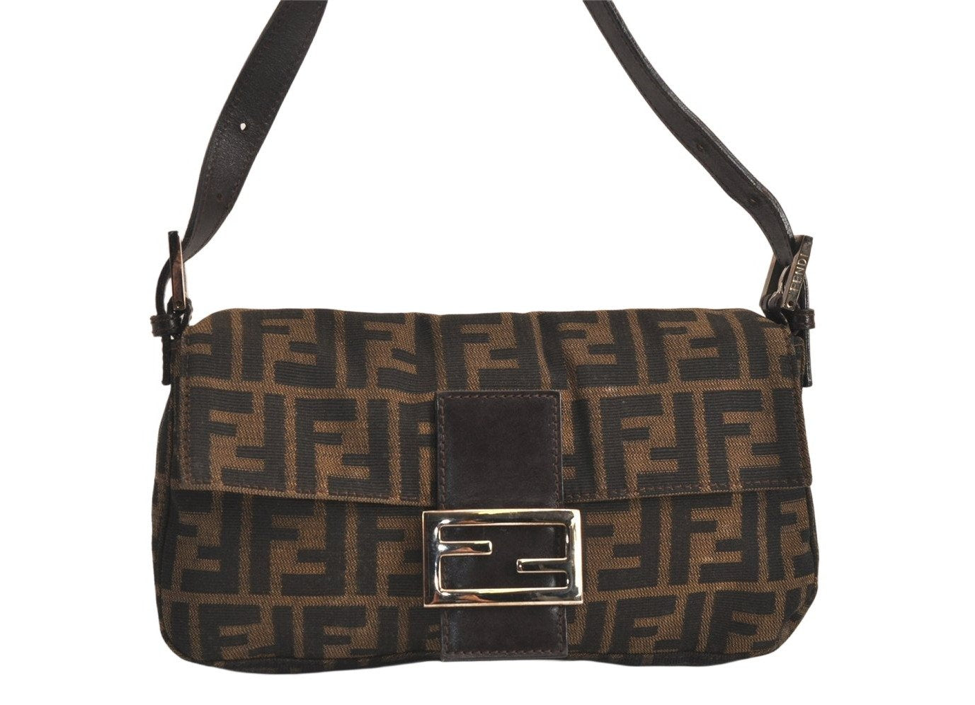 Authentic FENDI Zucca Mamma Baguette Shoulder Bag Canvas Leather Brown 4704M