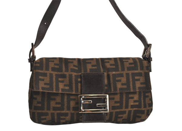 Authentic FENDI Zucca Mamma Baguette Shoulder Bag Canvas Leather Brown 4704M