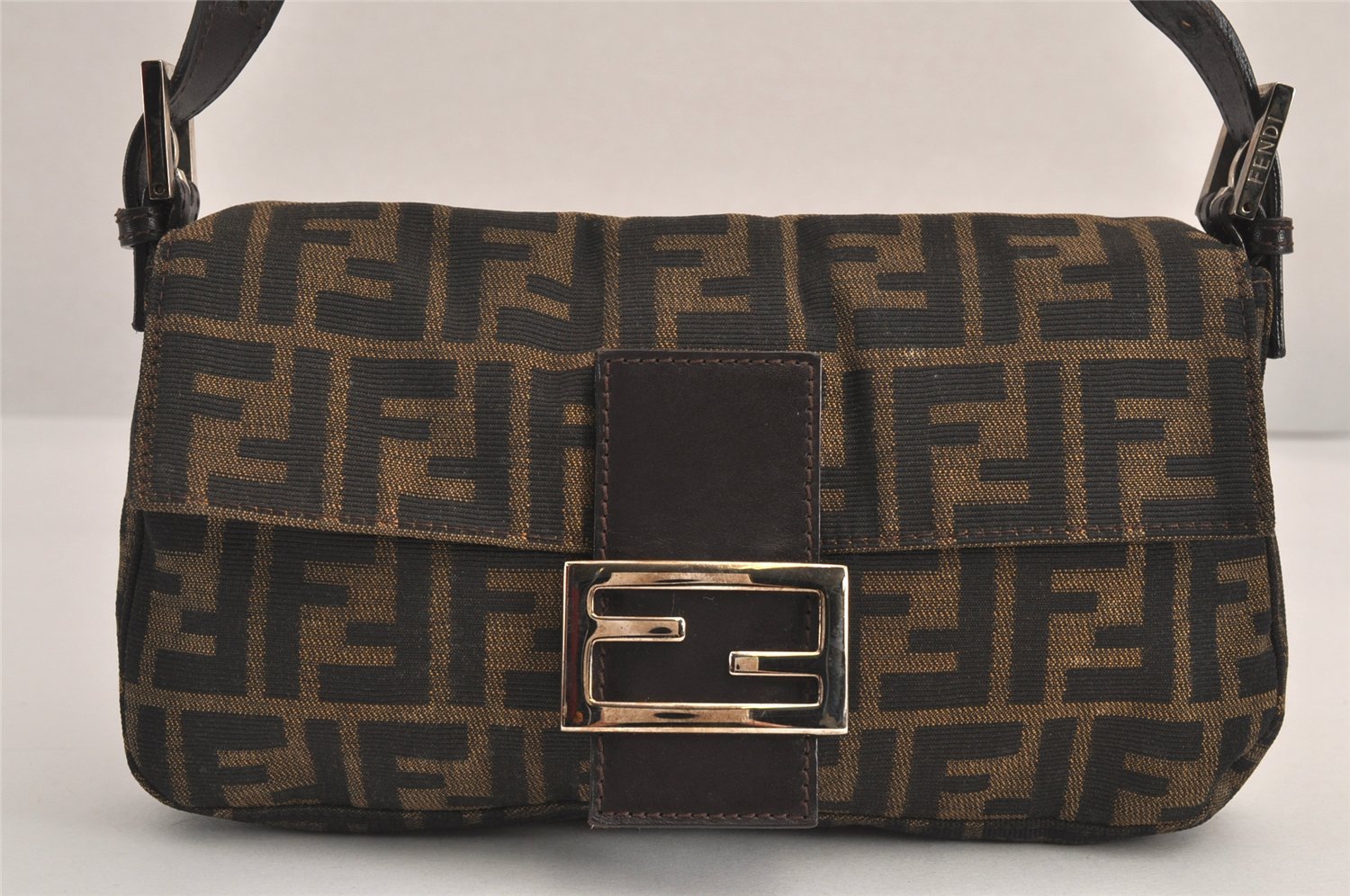 Authentic FENDI Zucca Mamma Baguette Shoulder Bag Canvas Leather Brown 4704M