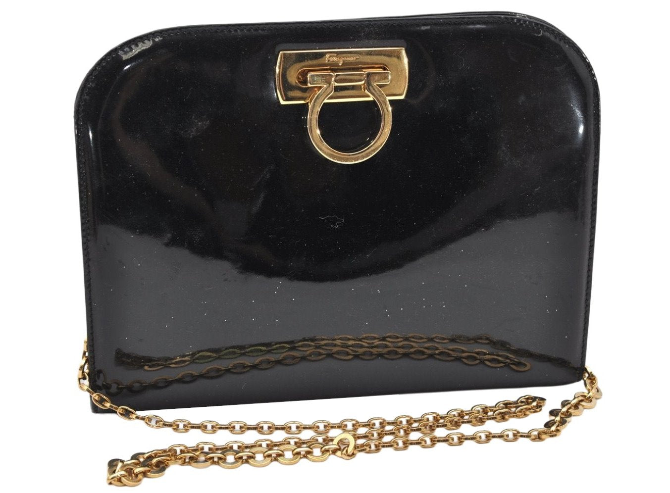 Authentic Salvatore Ferragamo Gancini Enamel Chain Shoulder Bag Black Junk 4706K