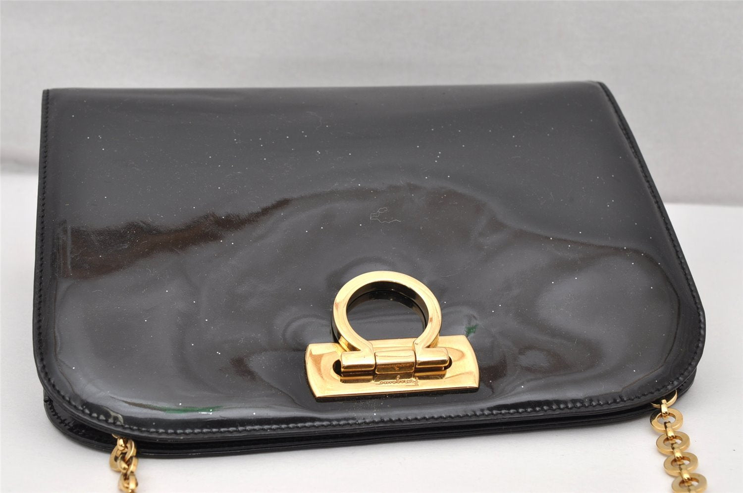 Authentic Salvatore Ferragamo Gancini Enamel Chain Shoulder Bag Black Junk 4706K