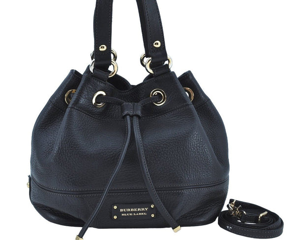 Authentic BURBERRY BLUE LABEL 2Way Drawstring Hand Bag Purse Leather Black 4710I