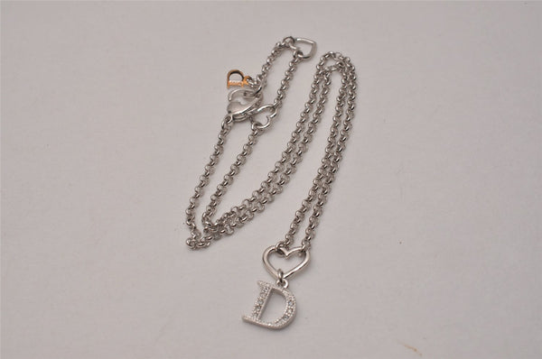 Authentic Christian Dior Silver Tone Heart Motif Rhinestone Chain Necklace 4711I