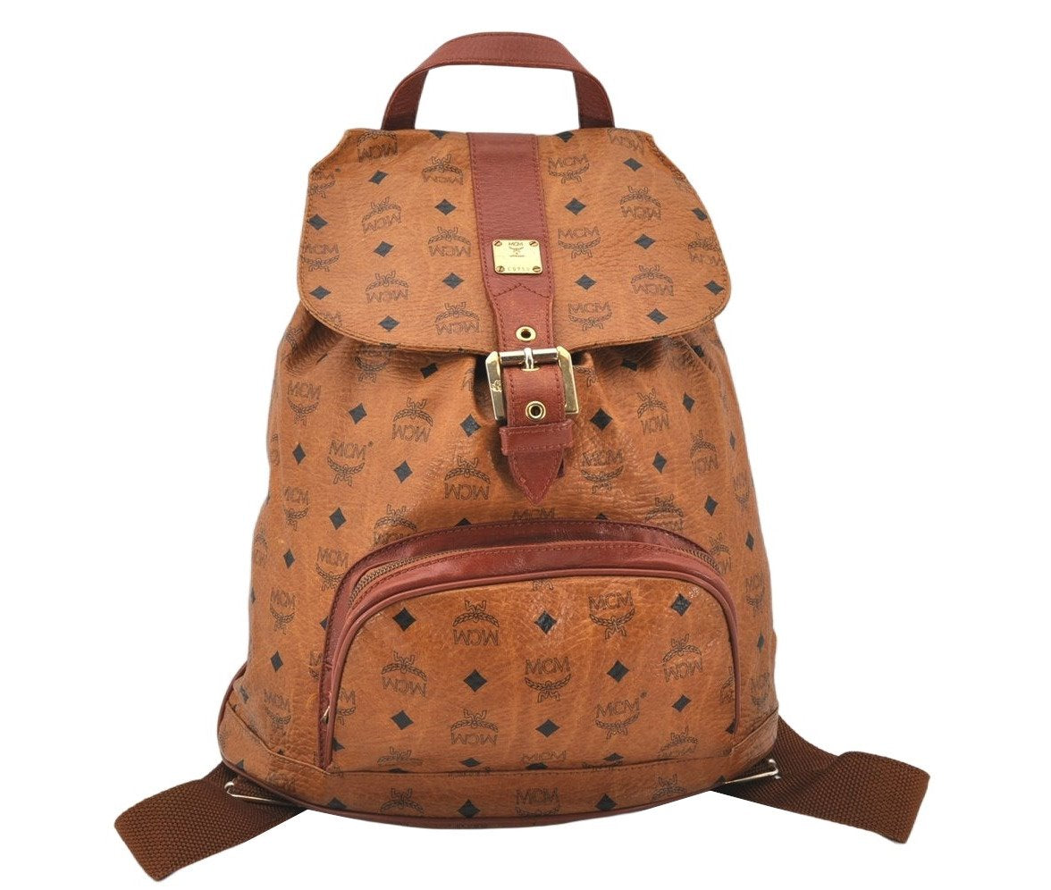 Authentic MCM Visetos Leather Vintage Drawstring Backpack Brown 4711K