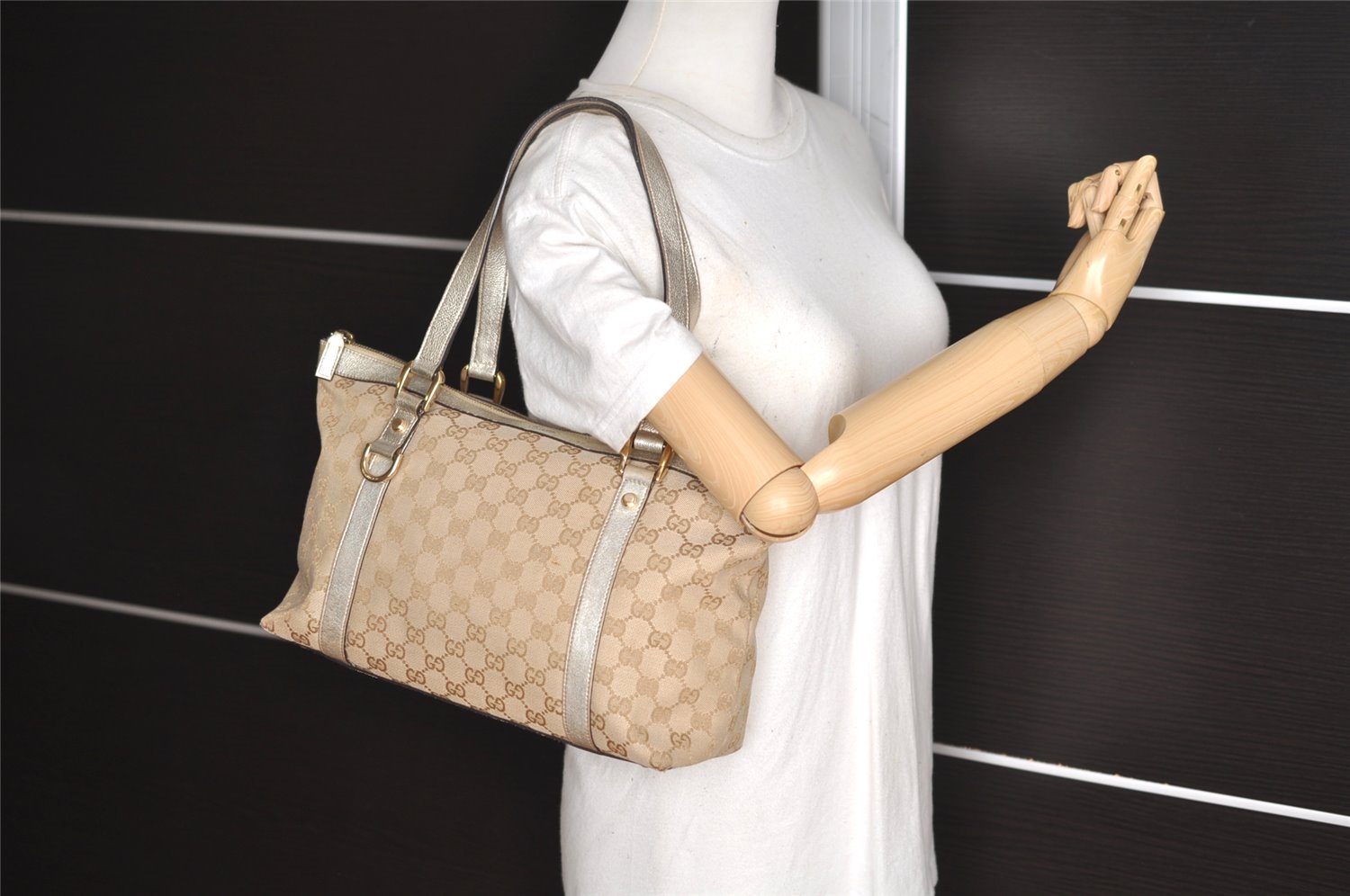 Authentic GUCCI Abbey Shoulder Tote Bag GG Canvas Leather 141470 Beige 4714I