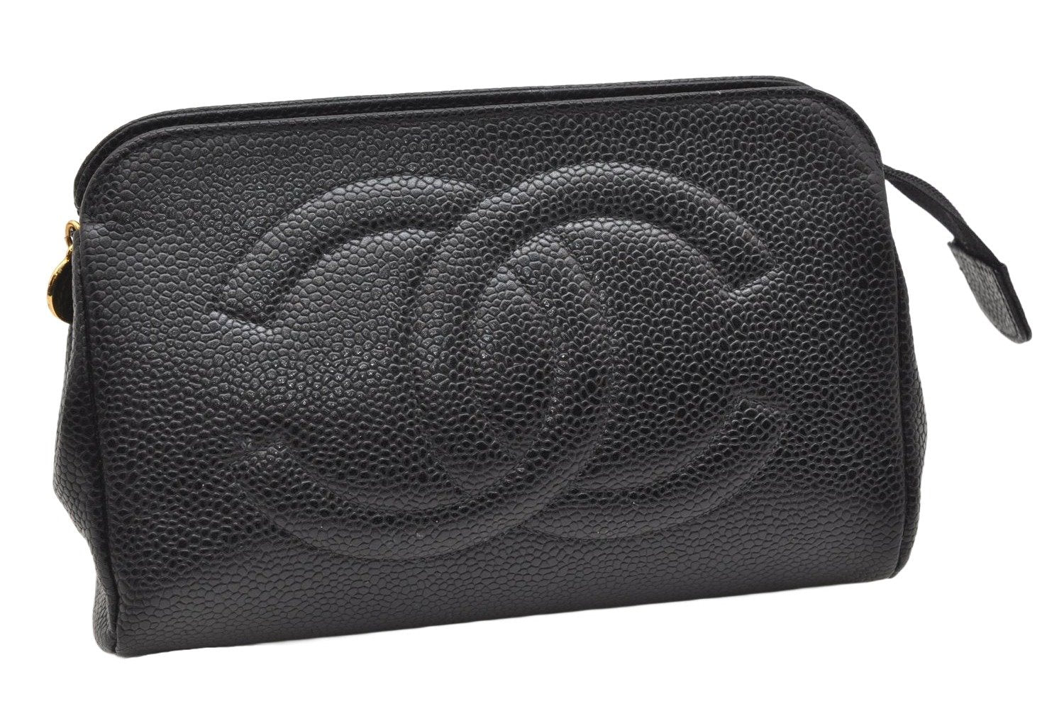 Authentic CHANEL Caviar Skin CC Logo Cosmetic Pouch Purse Black Junk 4714K