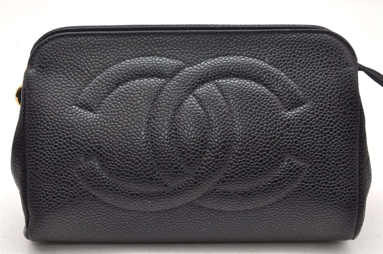 Authentic CHANEL Caviar Skin CC Logo Cosmetic Pouch Purse Black Junk 4714K