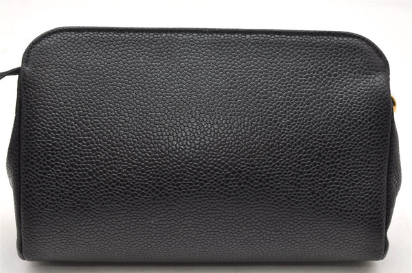 Authentic CHANEL Caviar Skin CC Logo Cosmetic Pouch Purse Black Junk 4714K
