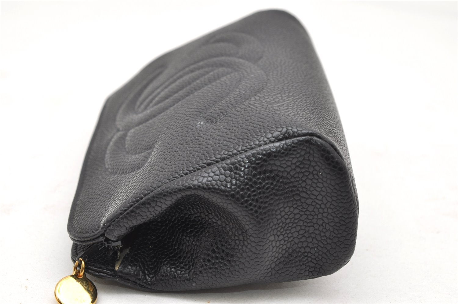 Authentic CHANEL Caviar Skin CC Logo Cosmetic Pouch Purse Black Junk 4714K