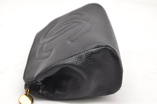 Authentic CHANEL Caviar Skin CC Logo Cosmetic Pouch Purse Black Junk 4714K