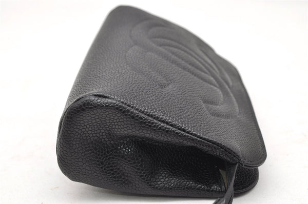 Authentic CHANEL Caviar Skin CC Logo Cosmetic Pouch Purse Black Junk 4714K