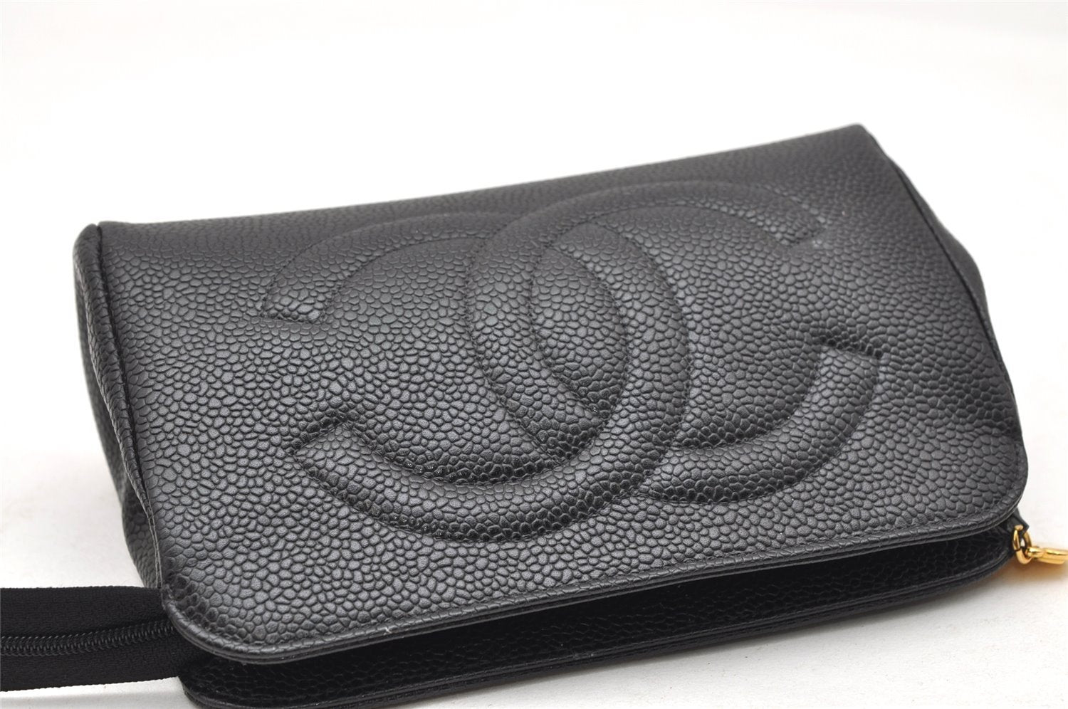 Authentic CHANEL Caviar Skin CC Logo Cosmetic Pouch Purse Black Junk 4714K