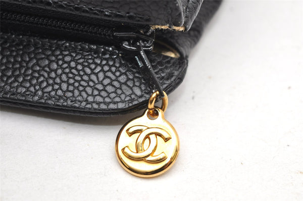 Authentic CHANEL Caviar Skin CC Logo Cosmetic Pouch Purse Black Junk 4714K