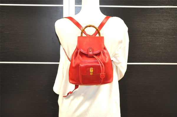 Authentic GUCCI Bamboo Vintage Drawstring Backpack Leather Red 4715I