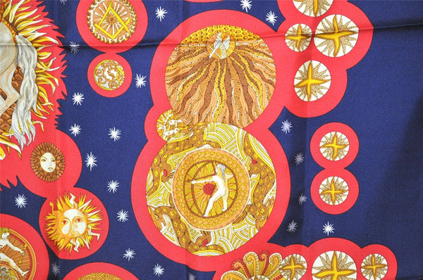 Authentic HERMES Carre 90 Scarf "LE ROY SOLEIL" Silk Navy Blue 4718J