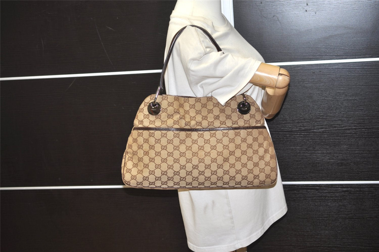 Authentic GUCCI Eclipse Shoulder Tote Bag GG Canvas Leather 121023 Brown 4725J