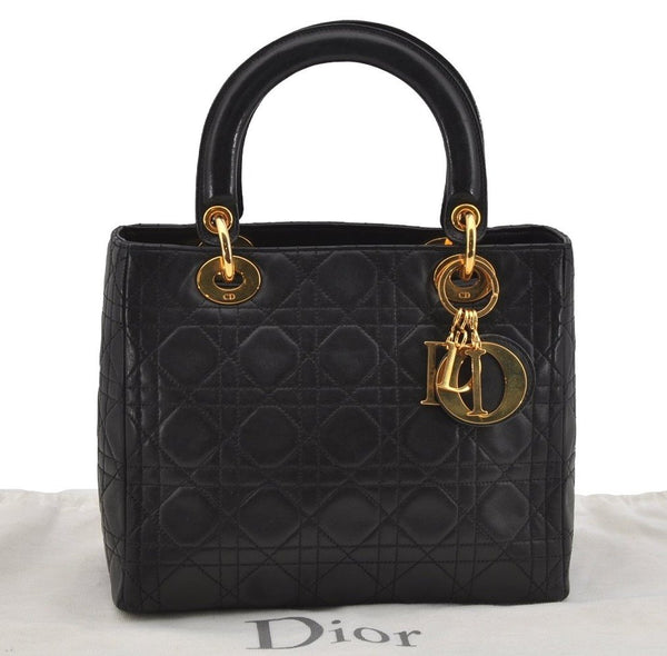 Authentic Christian Dior Lady Dior Lamb Skin Cannage Hand Bag Black CD 4727J