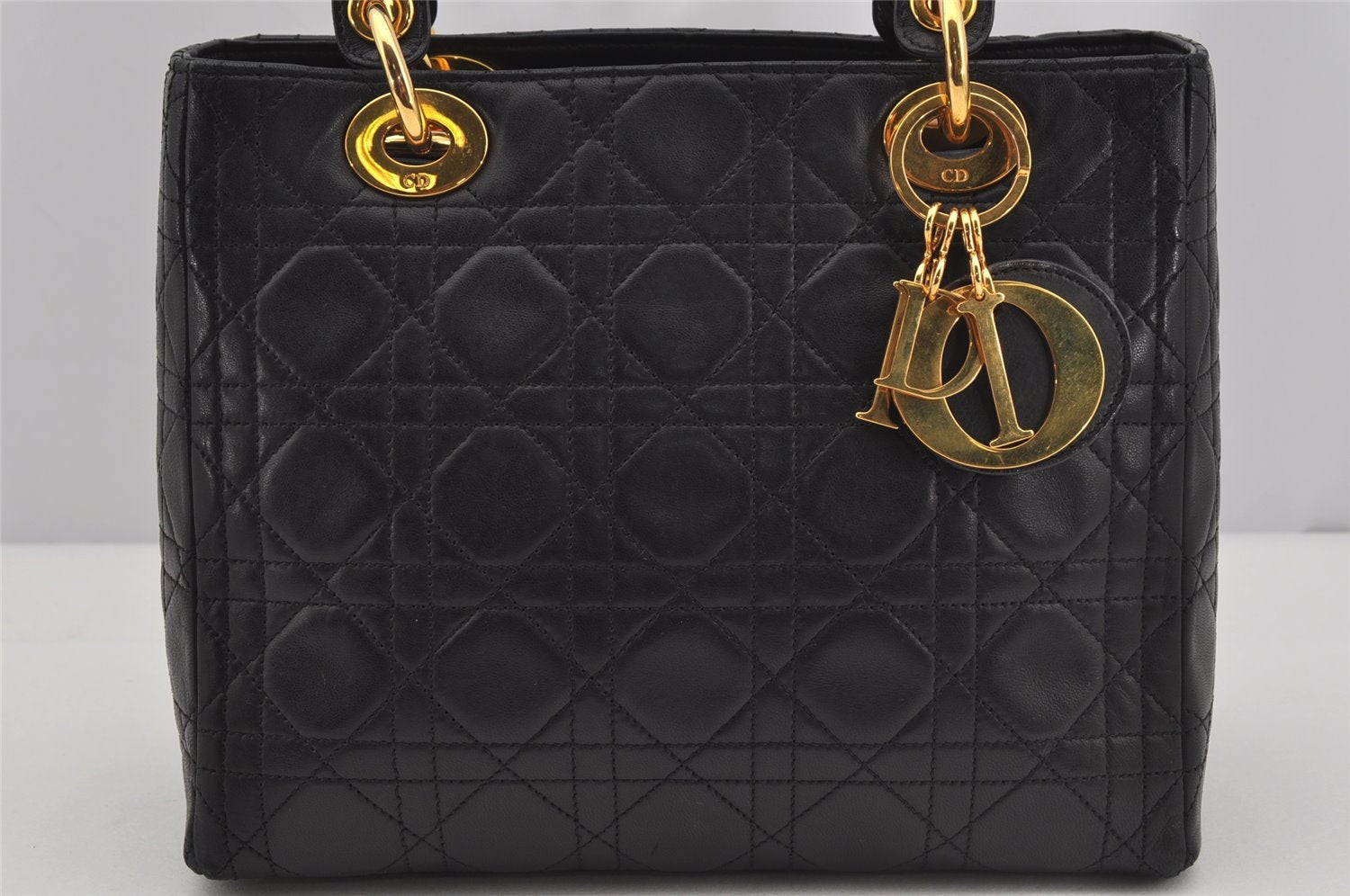 Authentic Christian Dior Lady Dior Lamb Skin Cannage Hand Bag Black CD 4727J