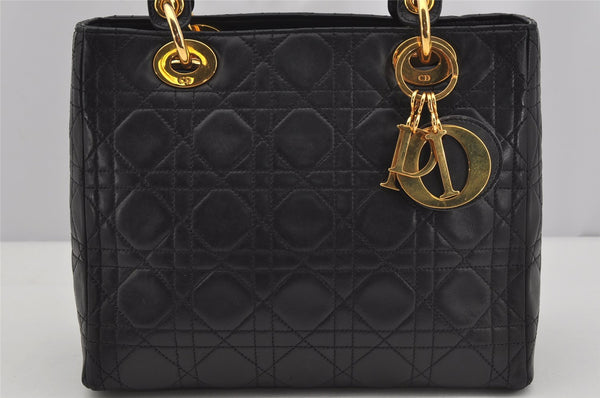 Authentic Christian Dior Lady Dior Lamb Skin Cannage Hand Bag Black CD 4727J