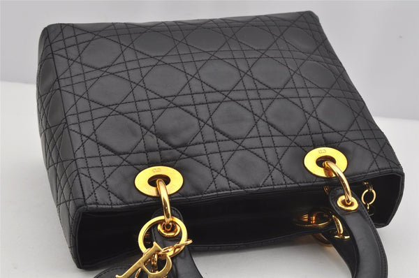 Authentic Christian Dior Lady Dior Lamb Skin Cannage Hand Bag Black CD 4727J