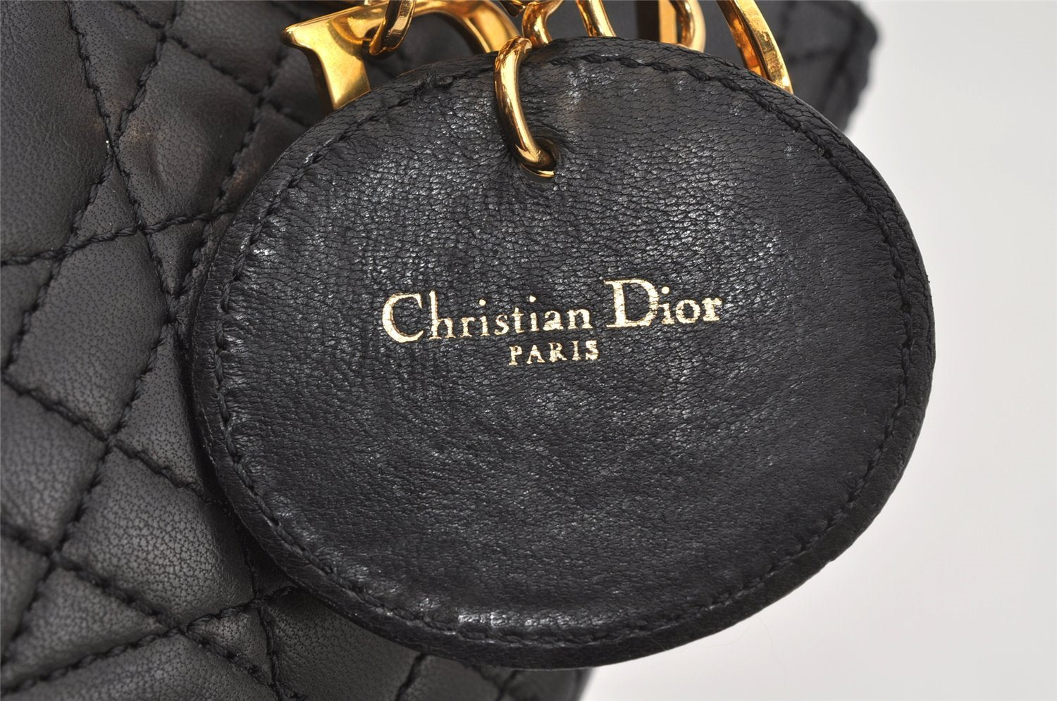 Authentic Christian Dior Lady Dior Lamb Skin Cannage Hand Bag Black CD 4727J