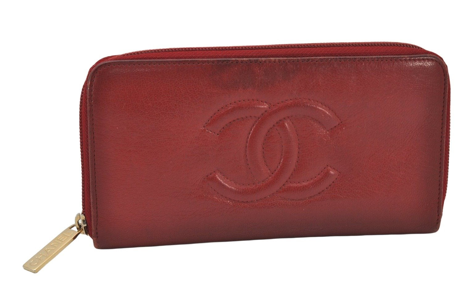 Authentic CHANEL Calf Skin CoCo Mark Zip Long Wallet Purse Red 4730K