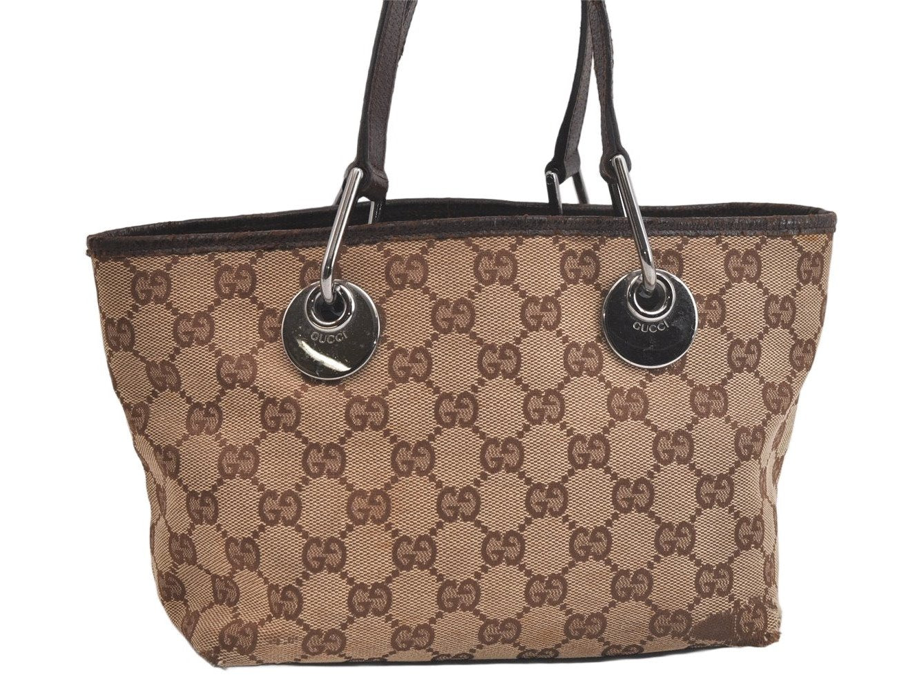 Authentic GUCCI Eclipse Tote Hand Bag GG Canvas Leather 120844 Brown 4732K