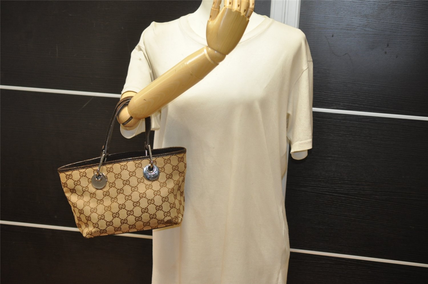 Authentic GUCCI Eclipse Tote Hand Bag GG Canvas Leather 120844 Brown 4732K