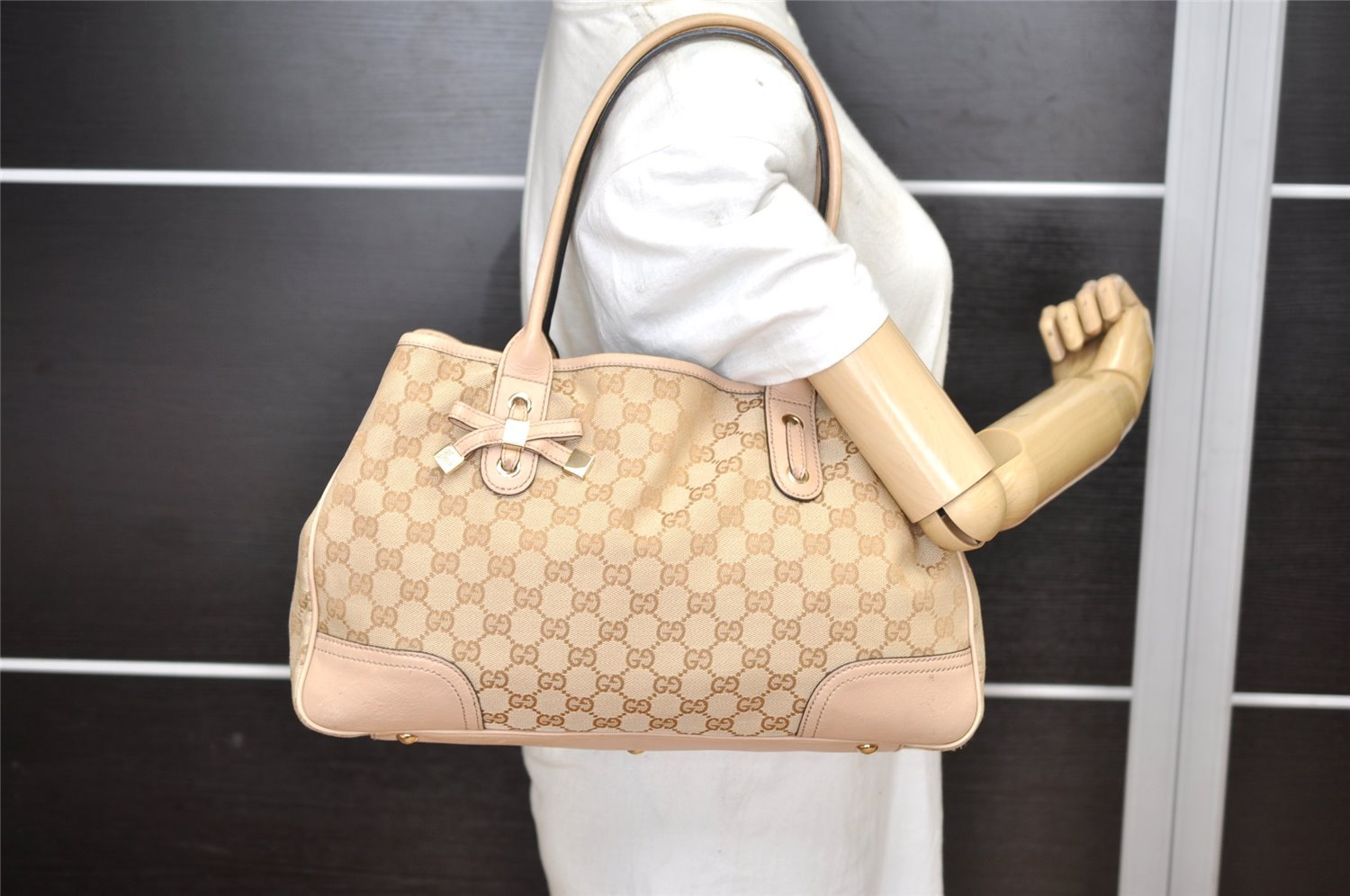 Authentic GUCCI Princy GG Canvas Leather Shoulder Tote Bag 163805 Beige 4738K