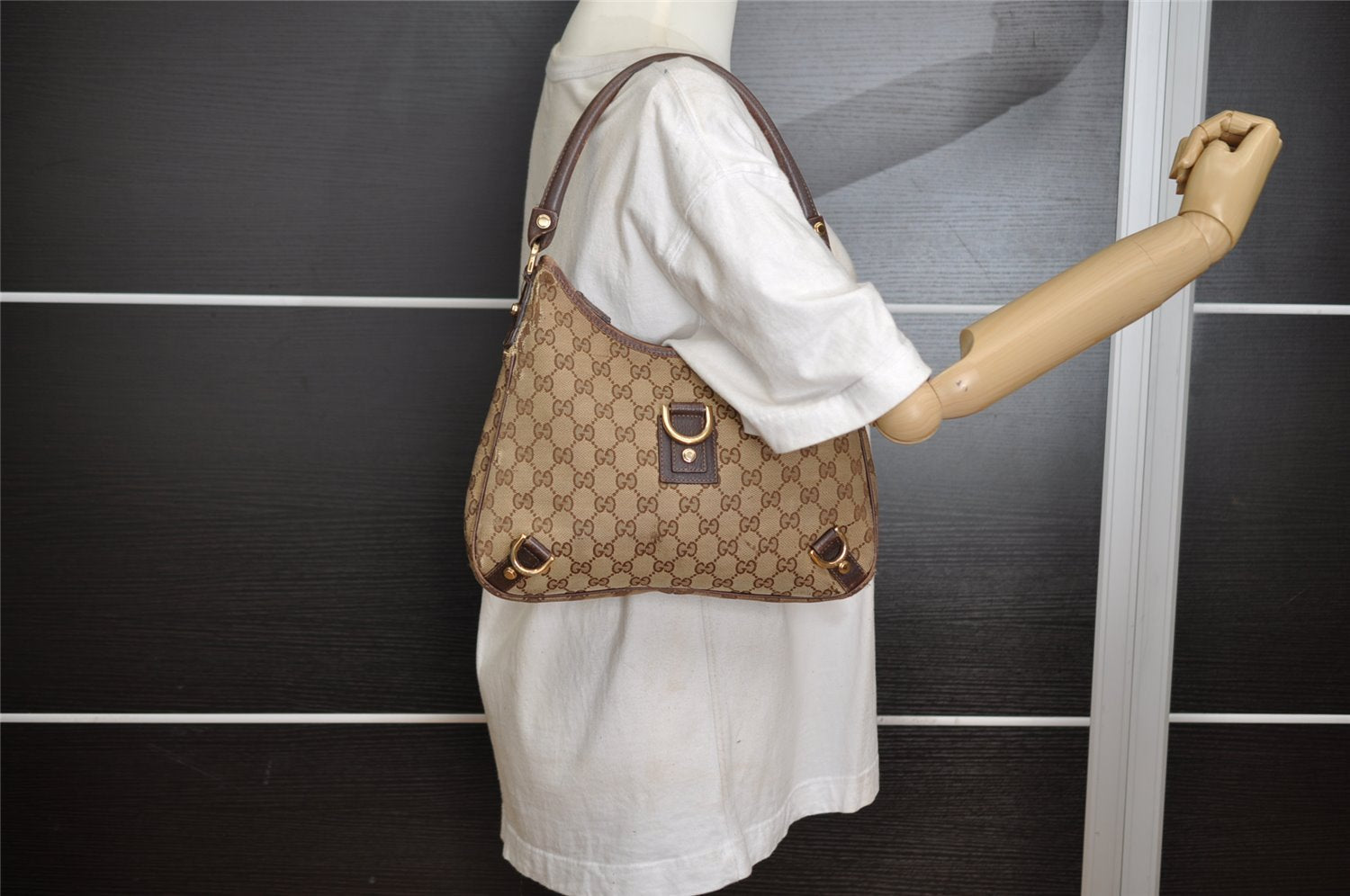 Authentic GUCCI Abbey Shoulder Hand Bag GG Canvas Leather 130738 Brown 4741I