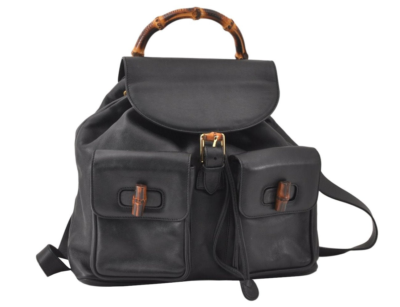 Authentic GUCCI Vintage Bamboo Backpack Purse Leather Black 4742K