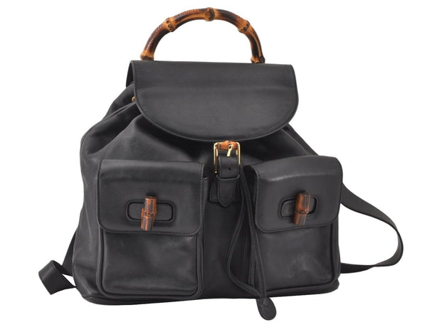 Authentic GUCCI Vintage Bamboo Backpack Purse Leather Black 4742K