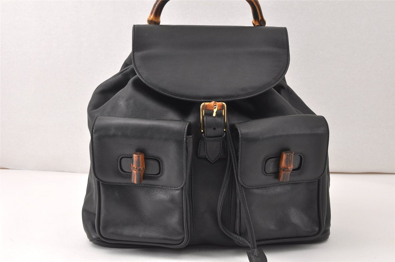 Authentic GUCCI Vintage Bamboo Backpack Purse Leather Black 4742K