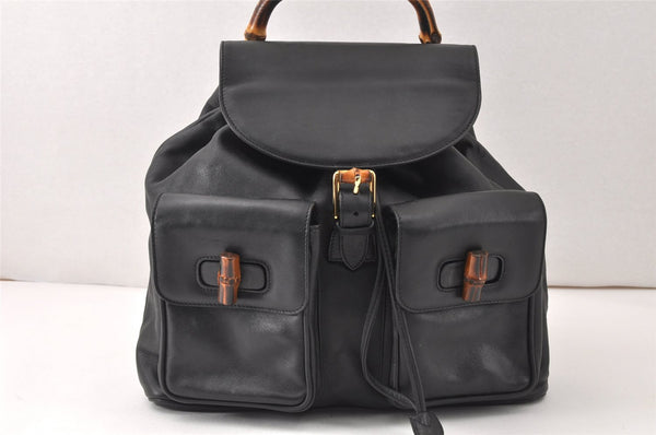 Authentic GUCCI Vintage Bamboo Backpack Purse Leather Black 4742K