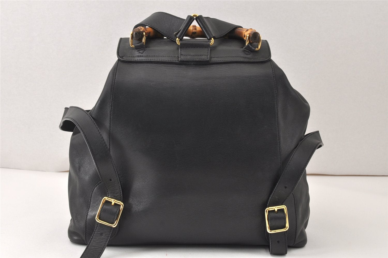 Authentic GUCCI Vintage Bamboo Backpack Purse Leather Black 4742K