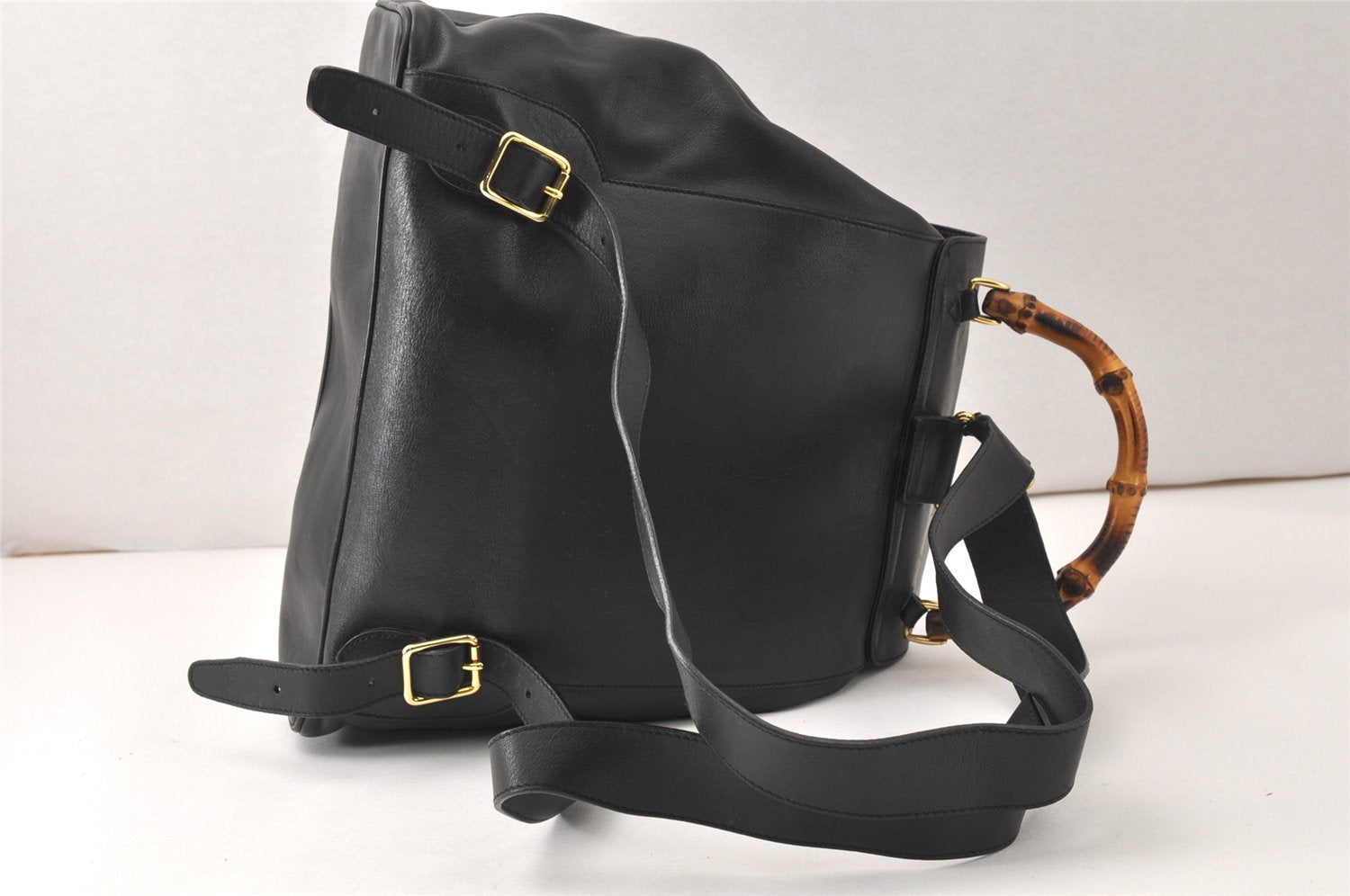Authentic GUCCI Vintage Bamboo Backpack Purse Leather Black 4742K