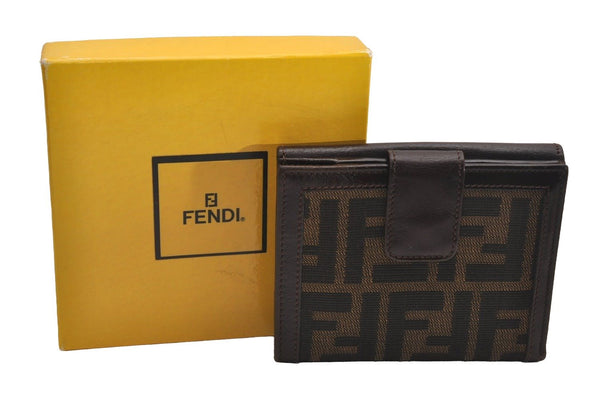 Authentic FENDI Vintage Zucca Bifold Wallet Purse Canvas Leather Brown Box 4743J