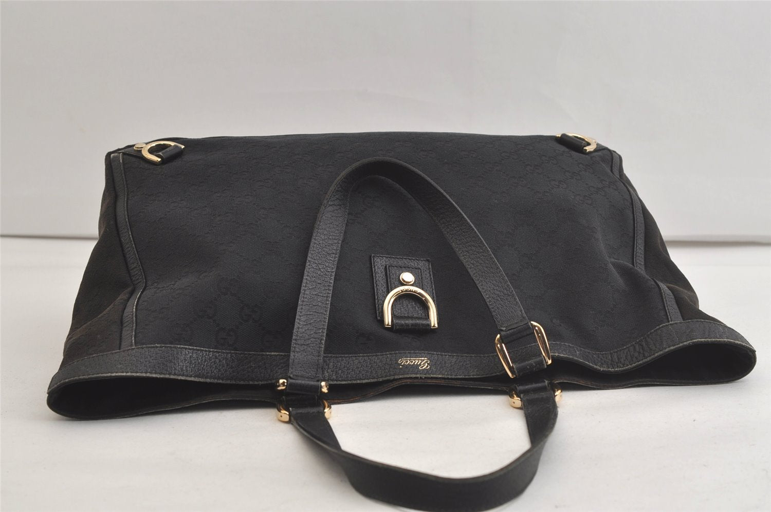 Authentic GUCCI Abbey Shoulder Tote Bag GG Canvas Leather 141472 Black 4744K
