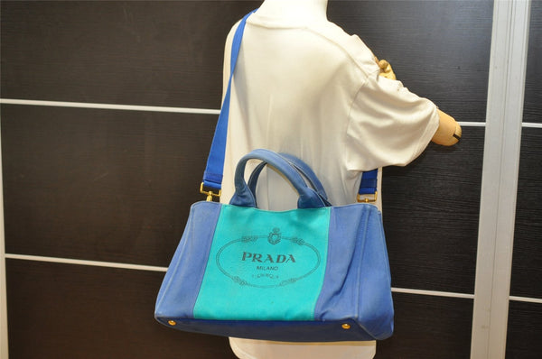 Authentic PRADA Vintage Canapa M Canvas 2Way Shoulder Hand Bag Blue 4750K