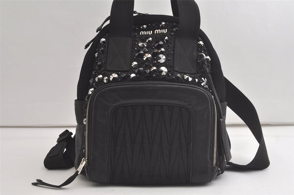 Authentic MIU MIU Nylon Leather Bijou Backpack Purse Black 4754K