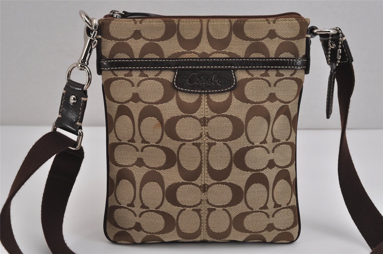 Authentic COACH Signature Shoulder Cross Body Bag Canvas Leather Brown 4760J