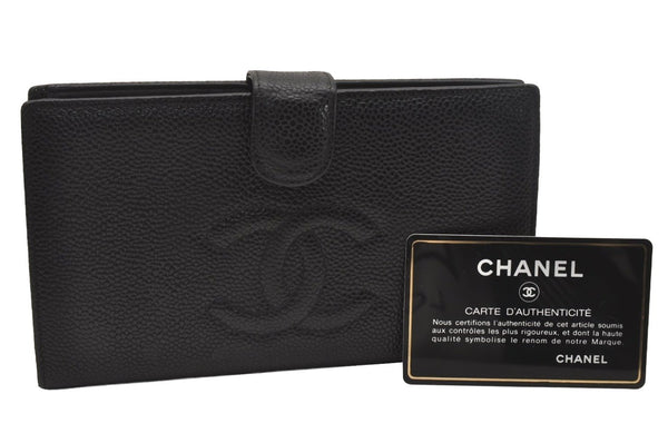 Authentic CHANEL Caviar Skin CC Logo Bifold Long Wallet Purse Black 4762J