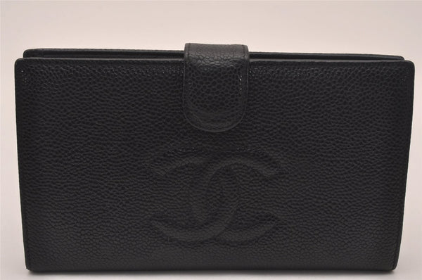 Authentic CHANEL Caviar Skin CC Logo Bifold Long Wallet Purse Black 4762J