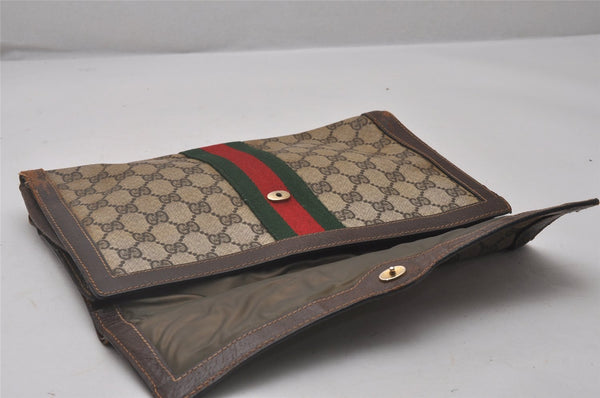 Authentic GUCCI Web Sherry Line Clutch Hand Bag GG PVC Leather Brown Junk 4765I