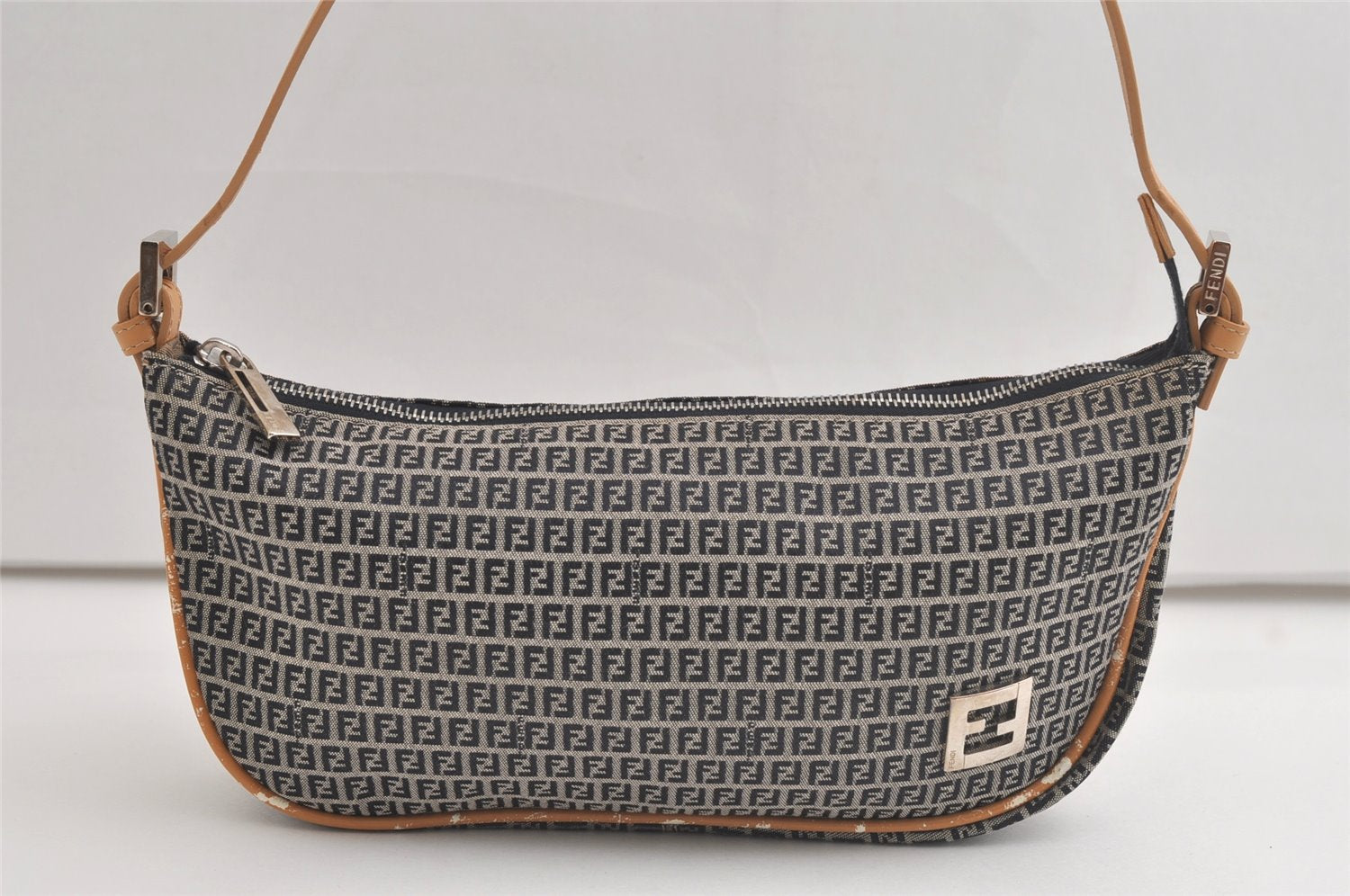 Authentic FENDI Zucchino Shoulder Hand Bag Purse Canvas Leather Navy 4766K