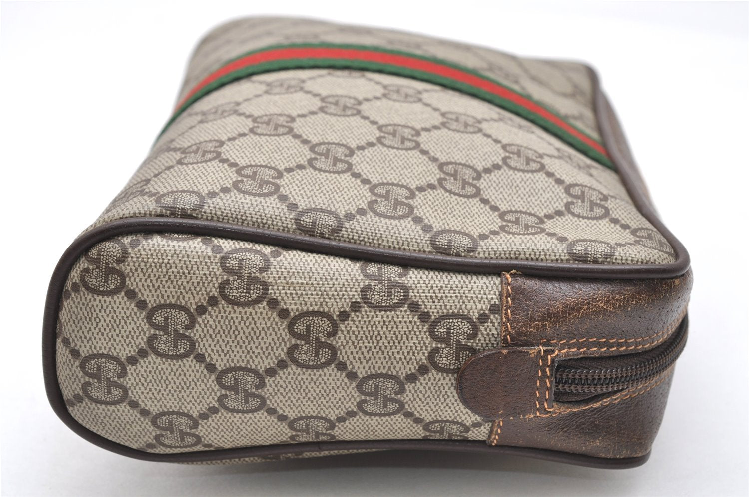 Authentic GUCCI Web Sherry Line Clutch Hand Bag Purse GG PVC Leather Brown 4768K