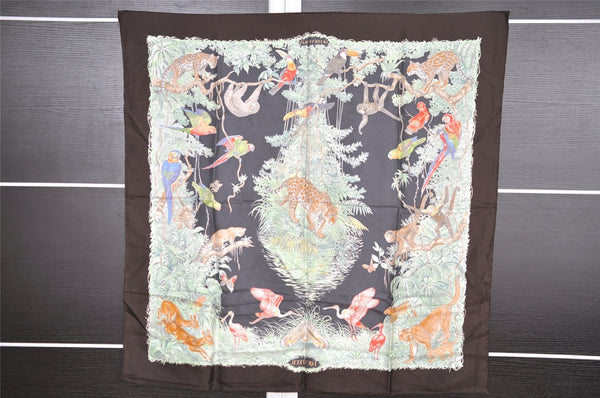 Authentic HERMES Carre 90 Scarf "EQUATEUR " Silk Dark Brown 4769I